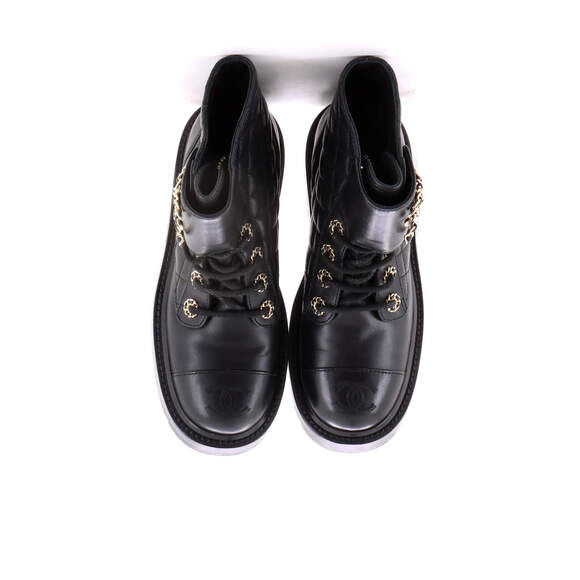 Chanel Women's Chain CC Cap Toe Lace Up Combat Boots Quilted Leather - Picture 2 of 5